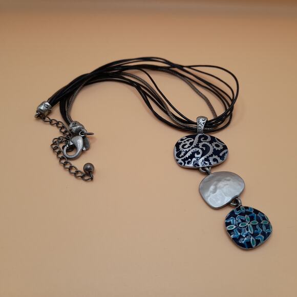 Chico's Blue Enamel Pendant Necklace, Leather Cords, 20 Inch - Picture 9 of 10